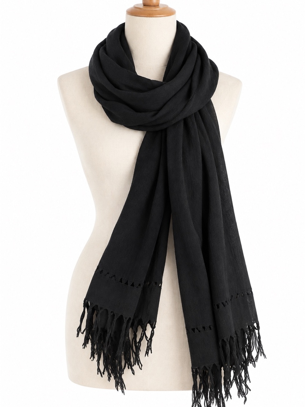 Classic Black Wool Blend Fringe Fall Winter Scarf